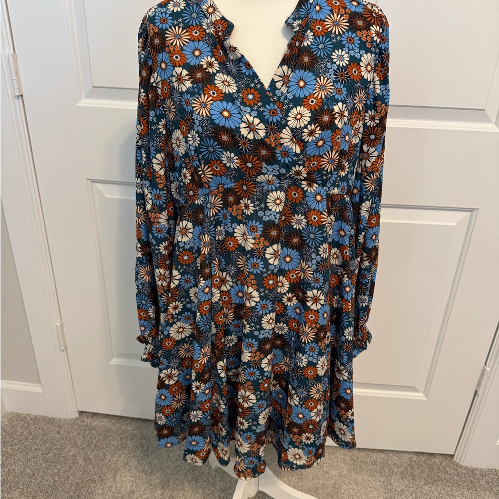 Umgee Blue and Brown Floral Long Sleeve Dress